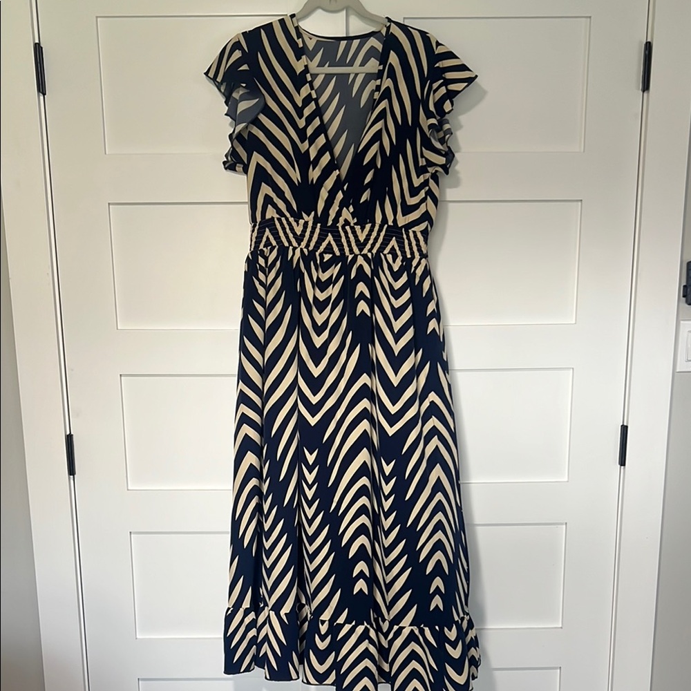 White and Blue V-Neck Maxi Sundress with Flutter Sleeves
